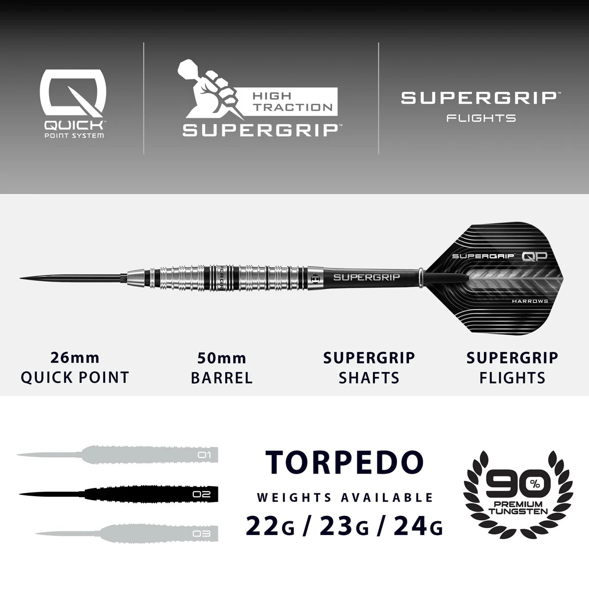 Harrows Supergrip Torpedo 90% Tungsten QP Steel Tip Dart